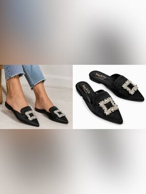 Rag & Co Black Satin Pointed Toe Rhinestone Buckle Mule Flats Women's Slip-On Sh